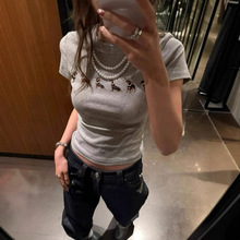 灰色腊肠小狗正肩短袖t恤女夏季2025新款修身短款辣妹上衣ins