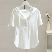 白色抽绳连帽t恤女短袖2023夏季新款时尚宽松显瘦百搭体恤打底衫