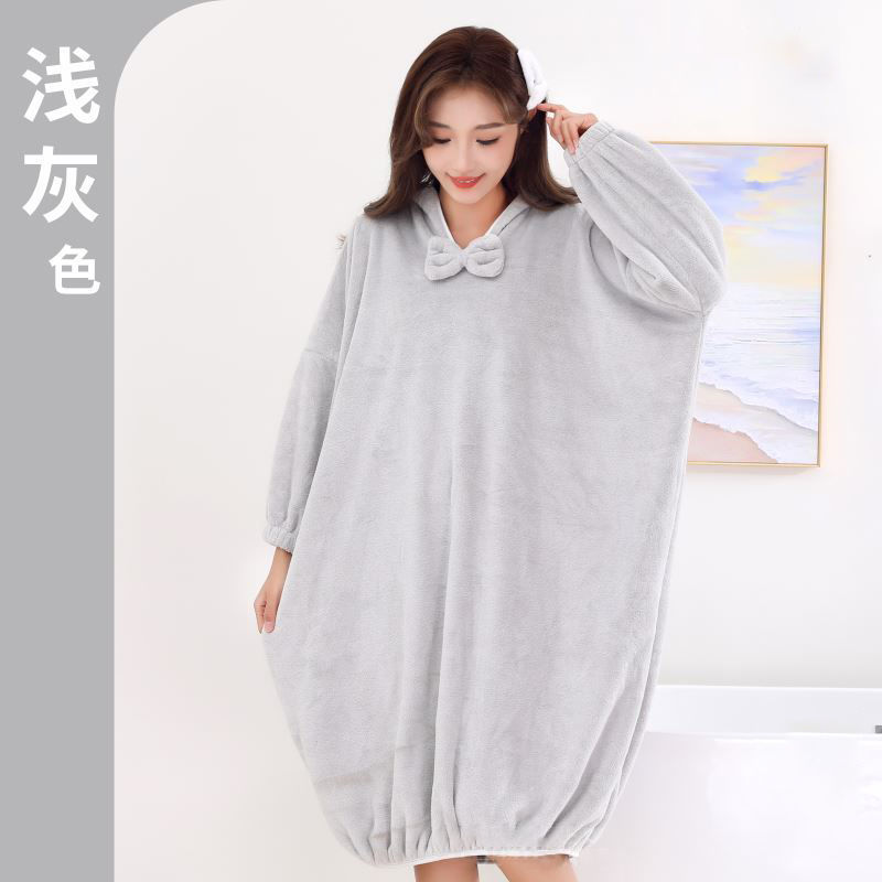 Coral Fleece Long Loose Bathrobe Student Warm Home Wear Morandi Color Long Sleeve Pajamas Hooded Nightgown