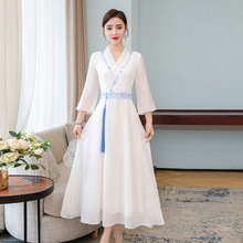 春夏季新中式国风女装刺绣花复古改良汉服白色仙气高腰长裙连衣裙