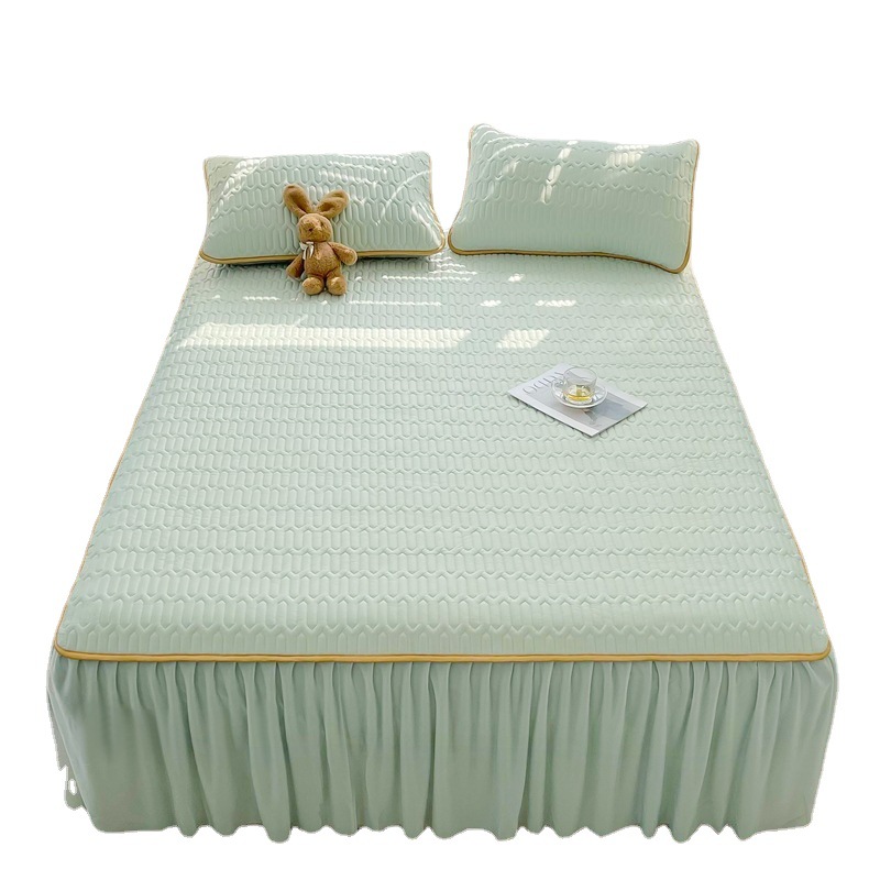 Bed Skirt Latex Three-Piece Set of Summer Sleeping Mat Foldable Printing Cool Silk Fabric Cooling Mattress Ice Silk Gift Mat Group Purchase Wholesale