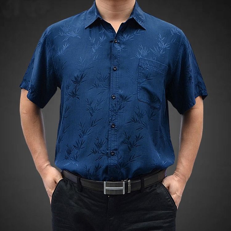 杭州真丝衬衫男短袖桑蚕丝中老年男士夏装老人衬衣丝绸半袖爸爸装