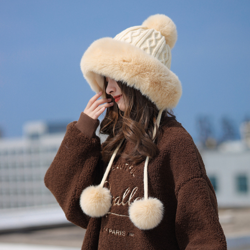 秋冬季加厚绒针织毛线帽子女冬保暖套头护耳兔毛球可爱雷锋帽女款