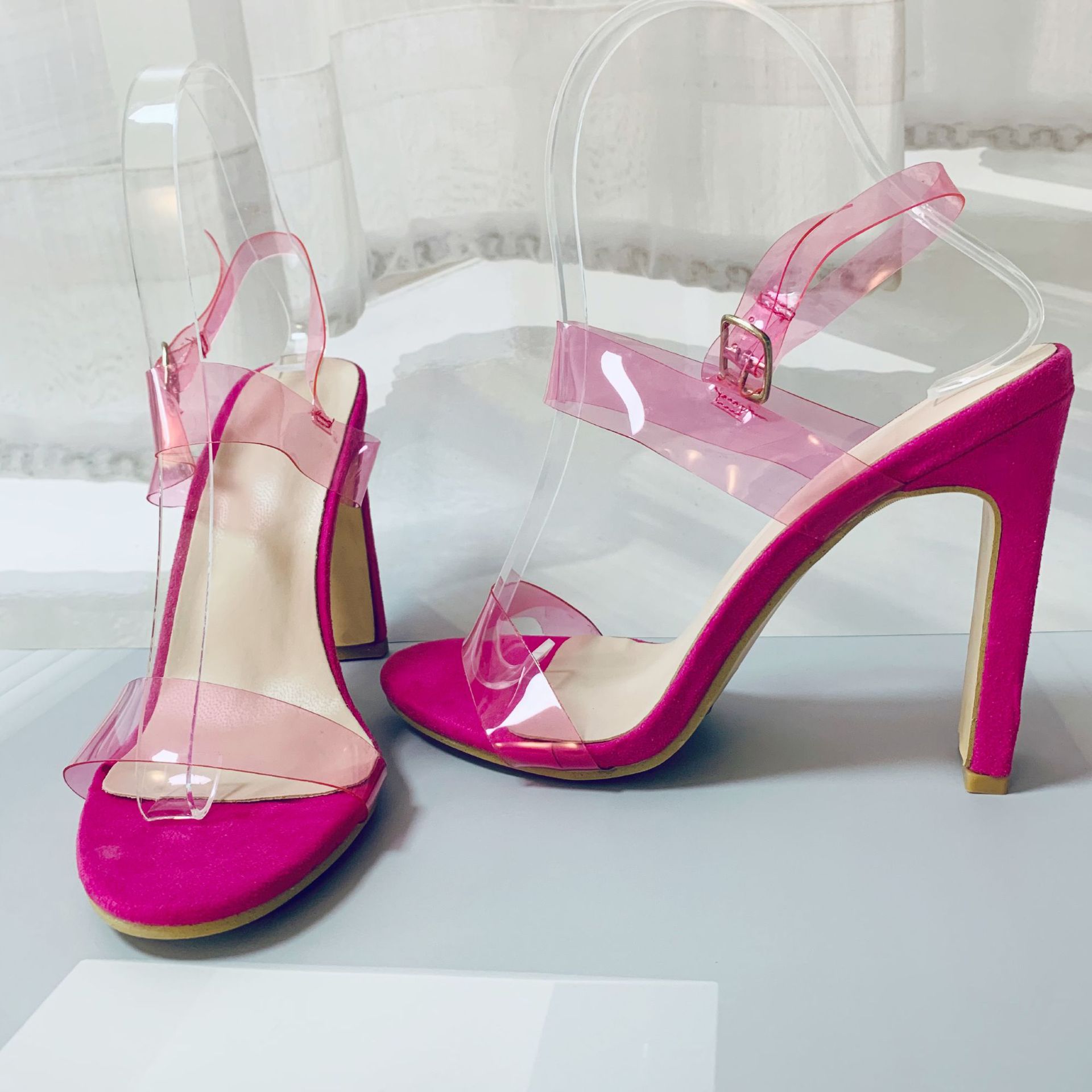 黑五欧美夏季荧光色pvc派对凉鞋 跨境爆款一字带大码粗跟高跟鞋女