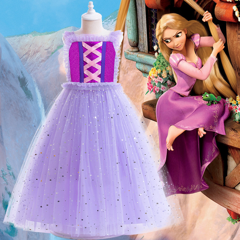 连衣裙万圣节女童服装长发公主裙女童无袖吊带马甲礼服网纱连衣裙