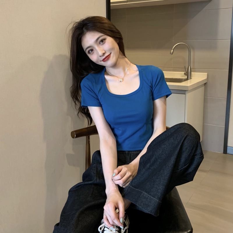 紧身方领短袖t恤女夏季ins潮网红心机短款bm风上衣甜酷设计感小众