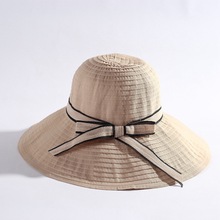 春夏女士新款韩版时尚大沿纱线飘带可折叠防晒遮阳太阳帽草帽沙滩
