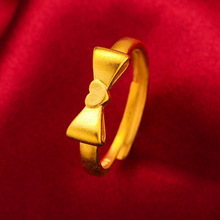 女士日韩版时尚沙金女士蝴蝶结戒指铜镀金饰品镀金3d硬金指环礼物