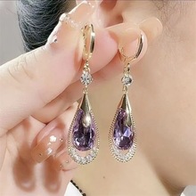 高级感紫色水晶水滴形耳扣简约大气耳环时尚气质高级感耳饰耳环