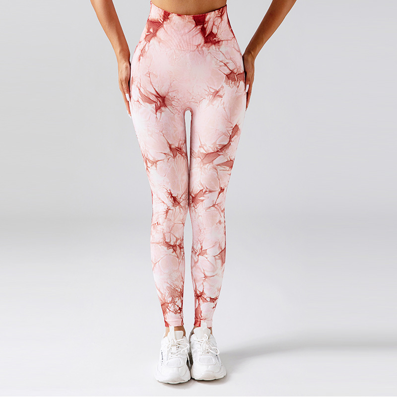 Cross-Border New Arrival Seamless Peach Yoga Tight Women's Tie-Dyed Tie-Wrap Printed High Waist Hip Lift Sports Running Fitness Pants