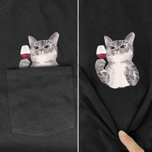 100% 棉 新款短袖批发 猫2D数码口袋印花T恤男士圆领套头黑色上衣