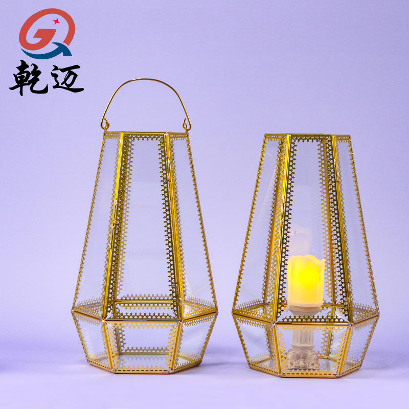 六边形手提玻璃风灯欧式摆件创意家居风灯玻璃花房玻璃工艺风灯