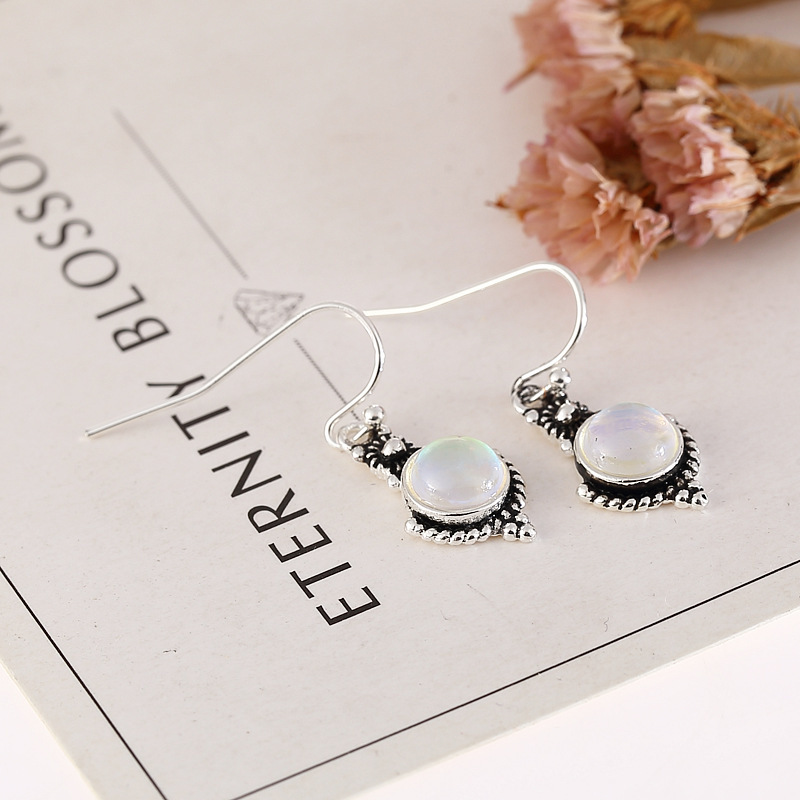 Wish Hot Sale New Moonstone Vintage Earrings European and American Fashion Imitation Thai Silver Colorful Gem Ear Hook Jewelry