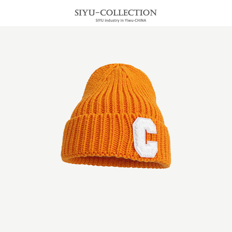 New Korean Style Ins Letter C Female Woolen Cap Autumn Winter Hat Female Solid Color Beanie Hat Fashion All-Matching Knitted Hat Male