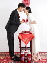 新娘领证登记轻婚纱V领短袖小礼服法式小白裙缎面订婚日常连衣裙