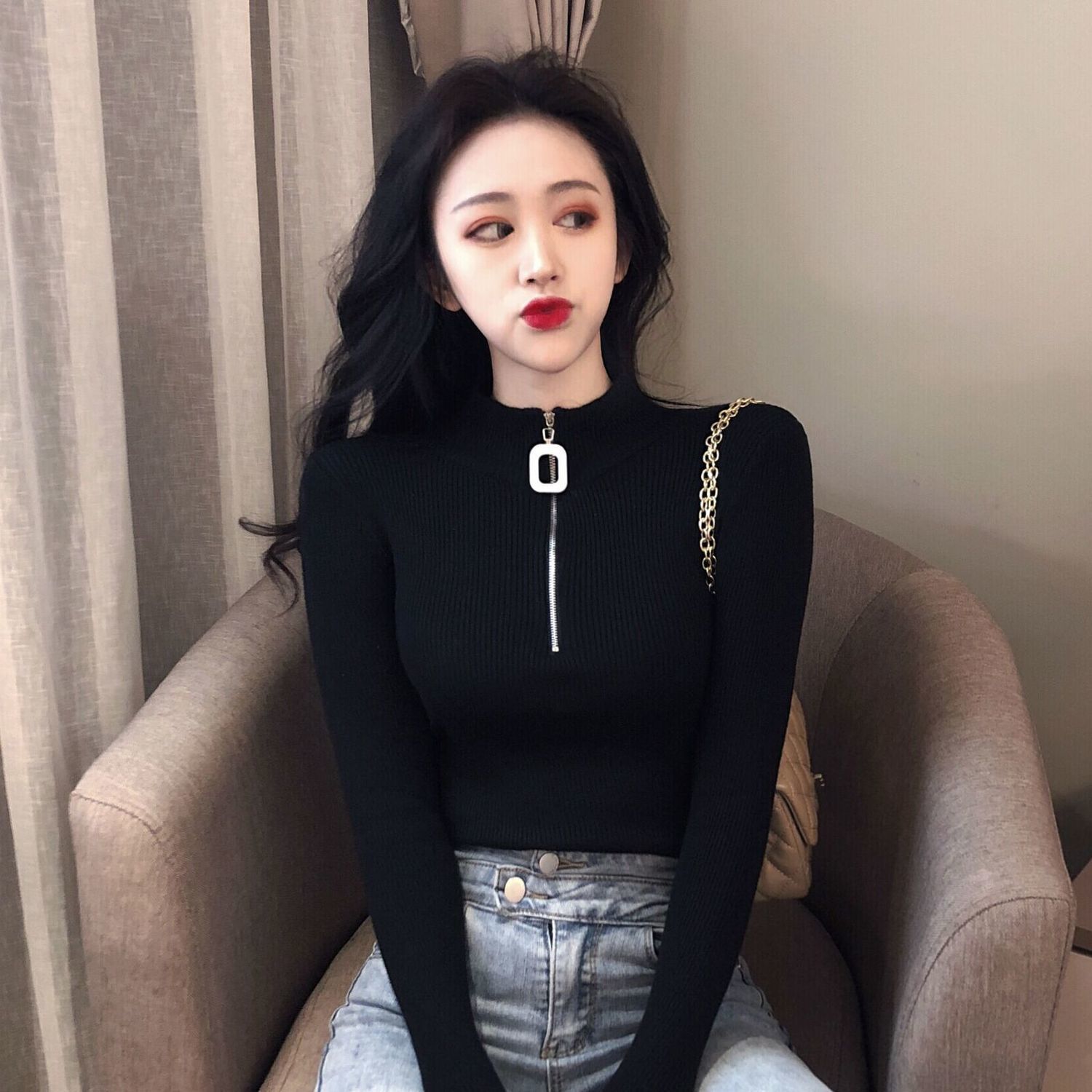 黑色打底衫女秋冬百搭新款洋气内搭上档次韩版半高领拉链毛衣女