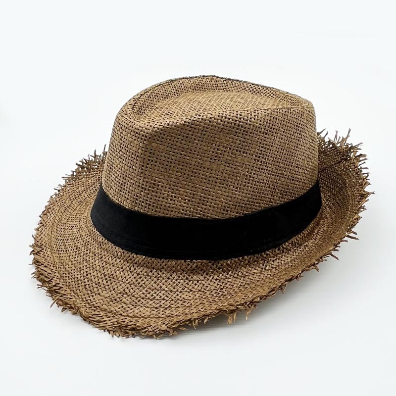 Korean Style Breathable Top Hat Solid-Colored Sun Protection Beach Hat Outdoor Travel Fedora Hat Retro Furry Straw Hat for Middle-Aged and Elderly People