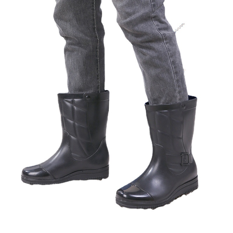 Autumn and Winter Cotton Padded Fleece-Lined Rain Boots Men's Thickened Long Fur Non-Slip Waterproof Imitation Leather Men's Mid-Calf Rain Boots