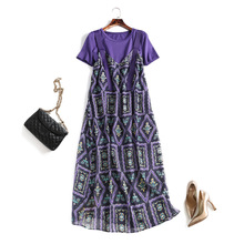高贵套装裙！舒适凉爽！紫色T恤裙+复古紫花吊带连衣裙两件套女夏