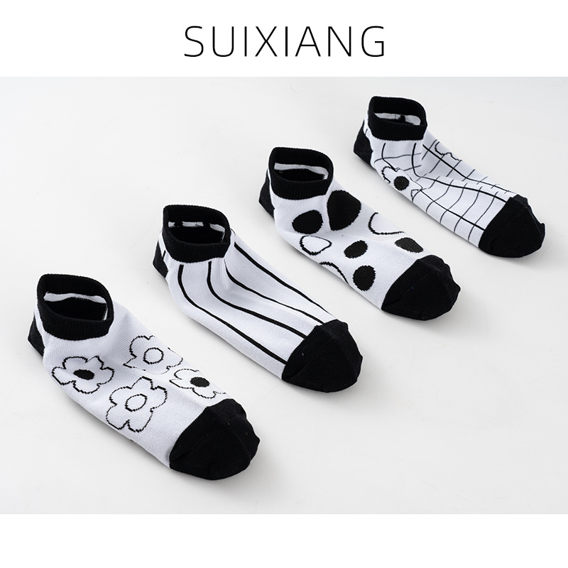 As Xiang All-Matching Comfortable Short Black and White Comfortable Sweat-Absorbent Couple Trend Ankle Socks Summer Cotton Matching Plaid Breathable