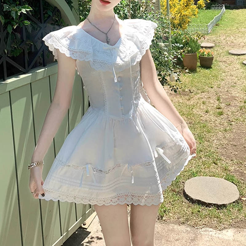 2024夏季新款 古董天使 蕾丝边重工翻领纯棉连衣裙长裙短裙减龄裙