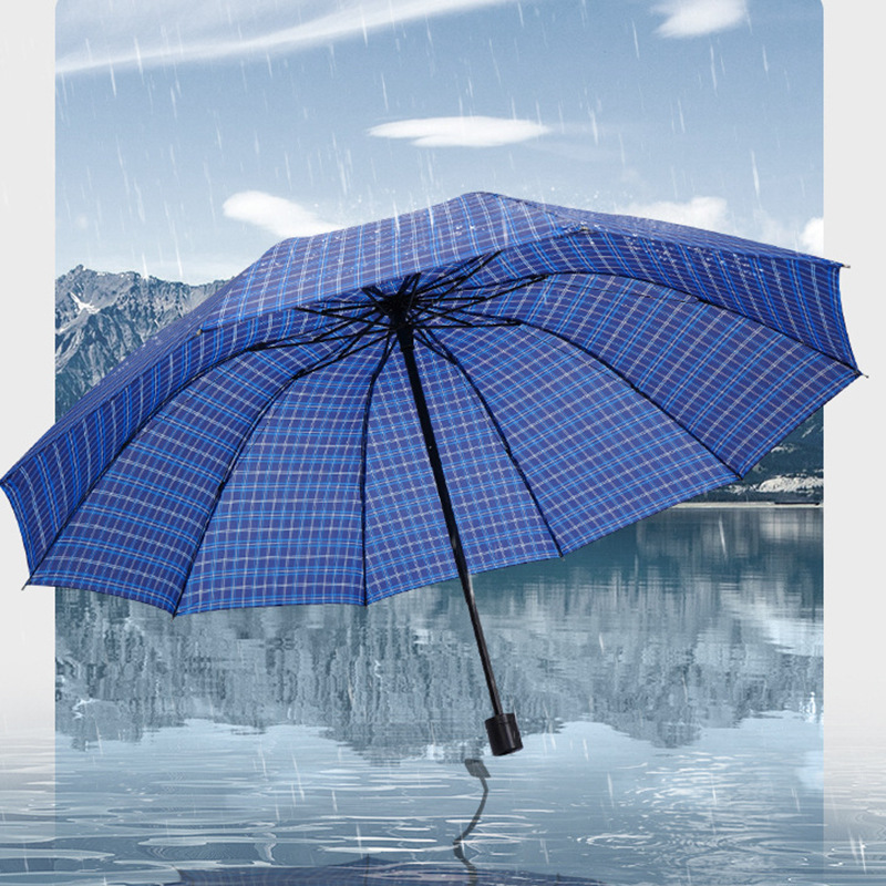 Umbrella plus-Sized Folding Umbrella Rain Or Shine Dual-Use Umbrella Simple Checkered Umbrella Bold Reinforcement 10 Framework Umbrella Tri-Fold Umbrella