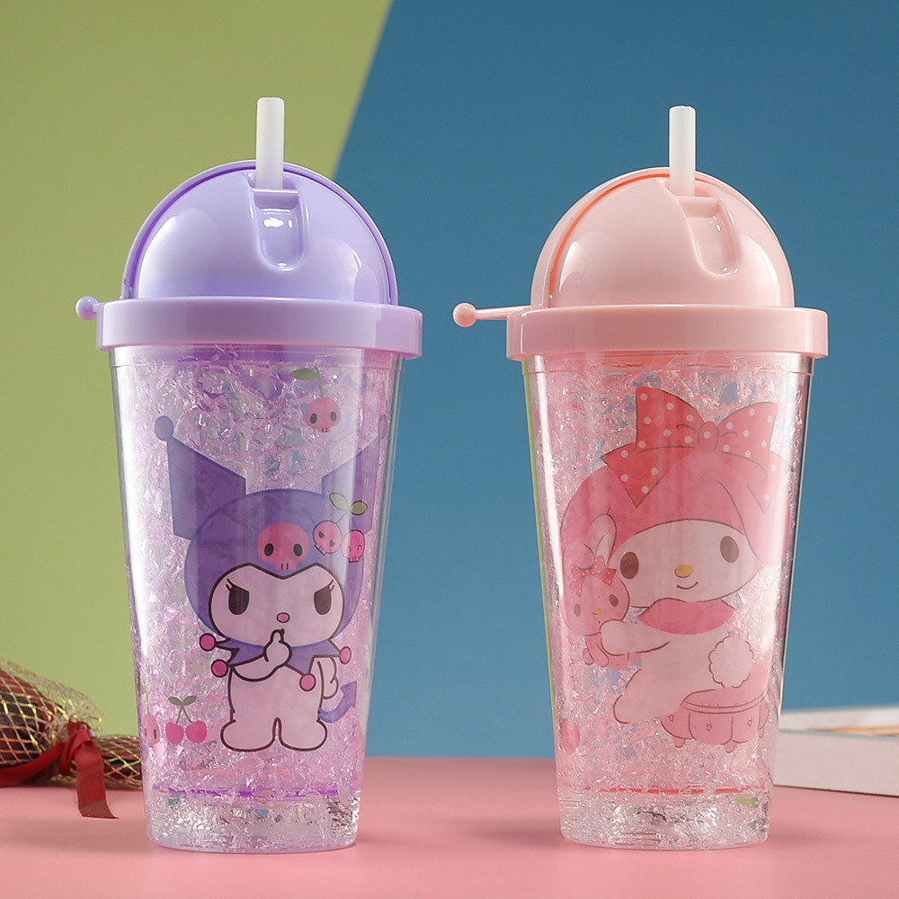 New Double-Layer Plastic Straw Cup High-Looking Cross-Border Summer Ice Cup with Light Creative Student Cartoon Portable Water Cup