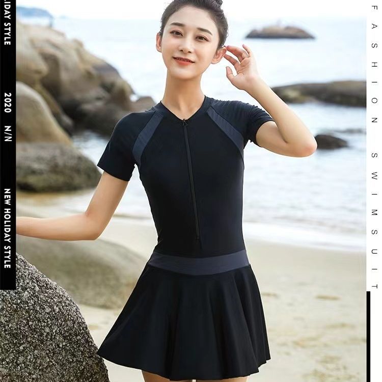 Summer New One-Piece Color Contrast Patchwork Swimsuit Student Skirt Conservative Swimwear One-Piece Swimsuit with Chest Pad Wholesale