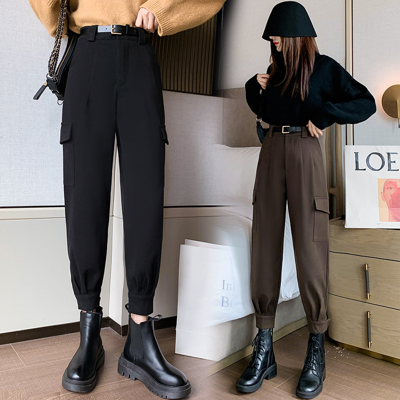 毛呢工装裤秋装2021年新款女高腰冬天配毛衣束脚显瘦哈伦休闲裤子
