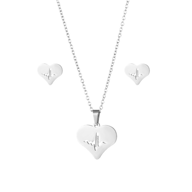 Cross-Border Stainless Steel Love Necklace Women's South American New Heart-Shaped ECG Pendant Clavicle Chain Earrings Set