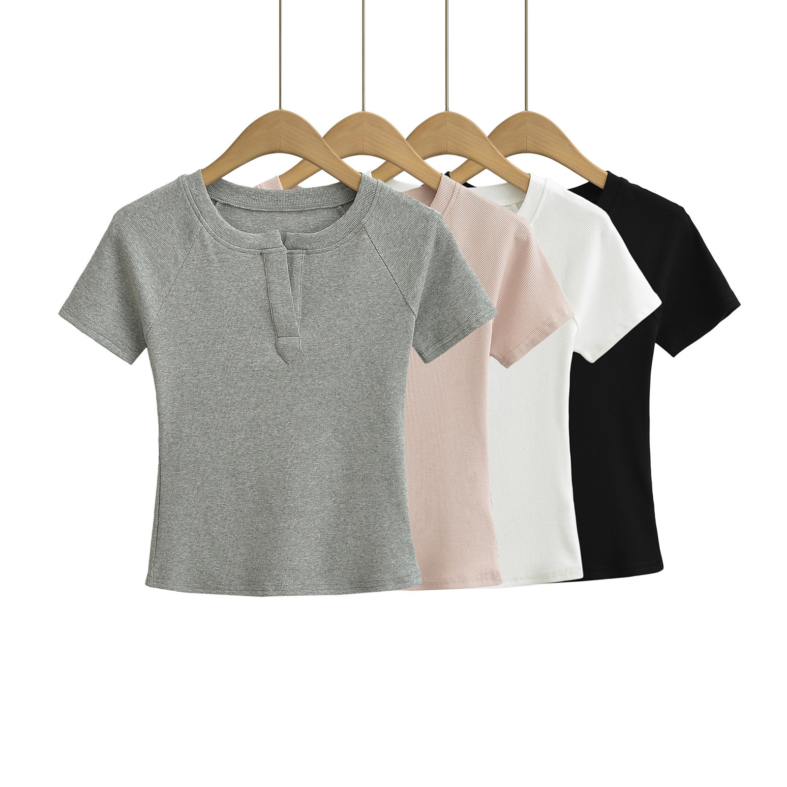 1899-24夏季新款 欧美风休闲正肩短款上衣女v字领辣妹紧身短袖t恤