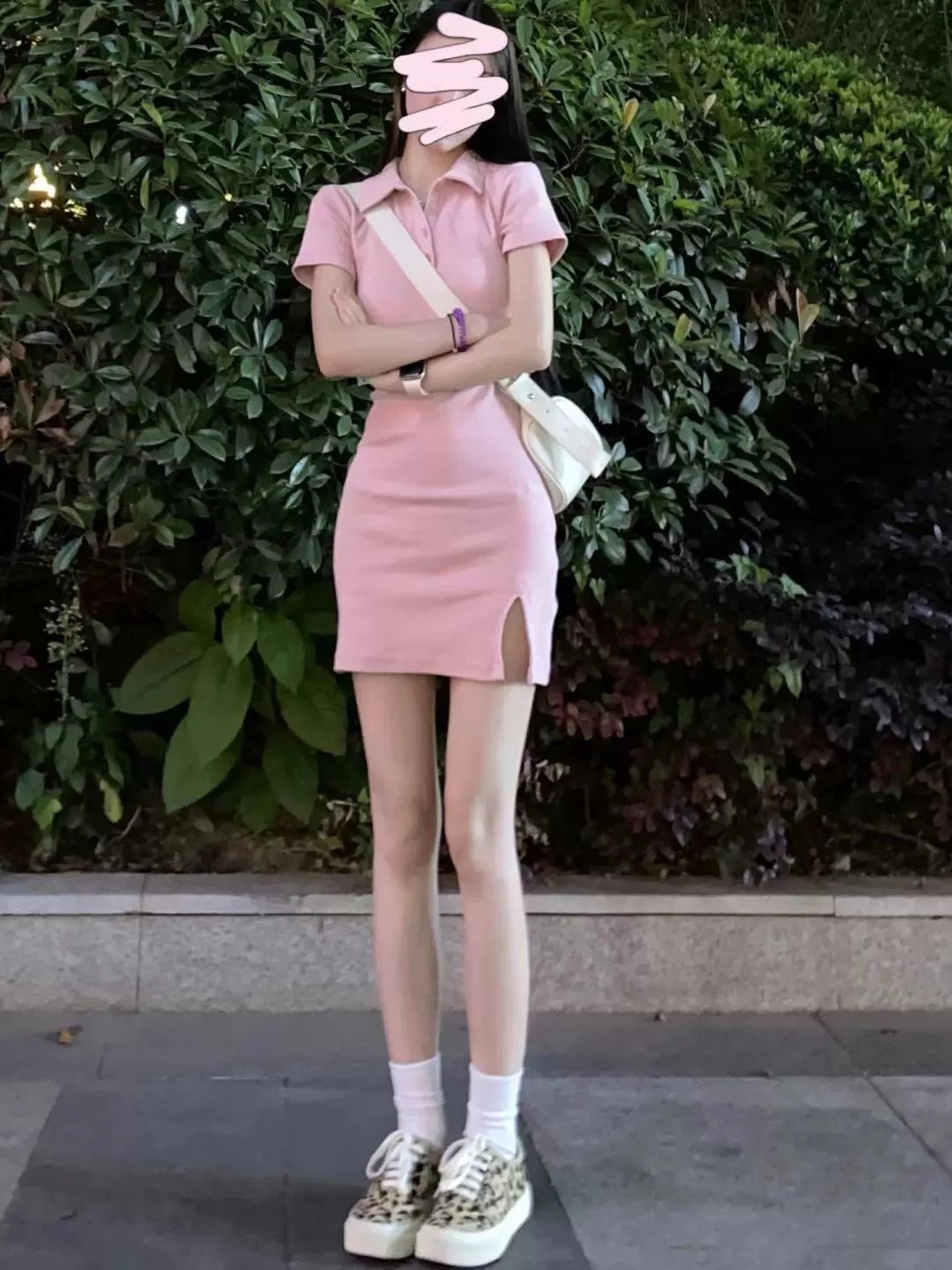 包臀裙粉色polo连衣裙女高个子甜辣裙子纯欲风紧身辣妹套装夏