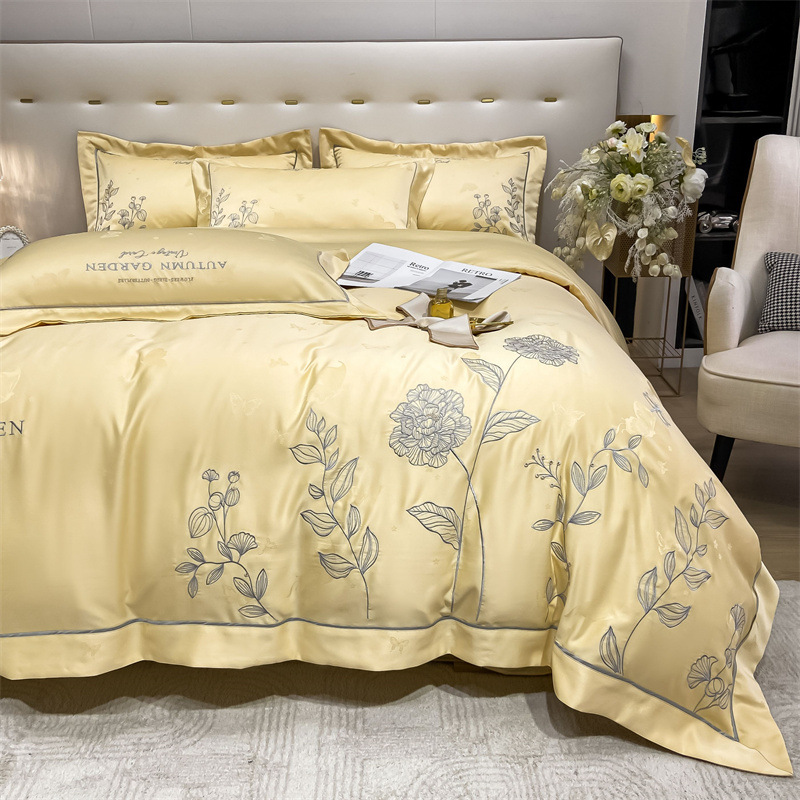 factory direct tribute silk jacquard four-piece set of high-end embroidery household silky light luxury bed set live wholesale