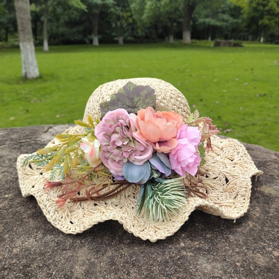 Woven Hat Women's Korean-Style Fashionable All-Match Flower Straw Hat Women's Summer Fresh Handmade Woven Beach Hat Foldable