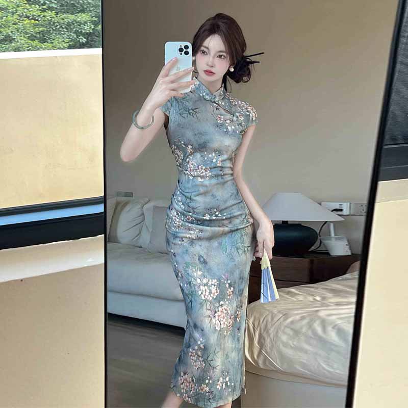 6431欧美东南亚外贸批发2024女装国风少女改良旗袍修身开叉连衣裙