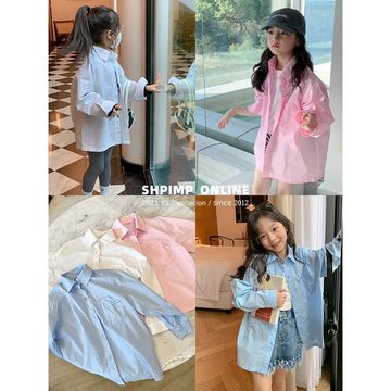 高级感guli春装男女儿童翻领长袖衬衫中大童纯色上衣韩国休闲外套