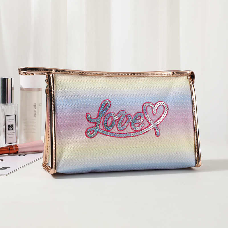 New Embroidery Sequined Love Cosmetic Bag Colorful Large-Capacity Cosmetics Storage Bag Portable out Zipper Bag