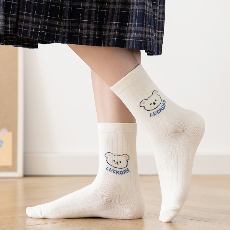 Blue Cartoon Bear Socks Ins Cute Preppy Style Tube Socks Cotton Socks Plaid Letters Combed Cotton Women's Socks