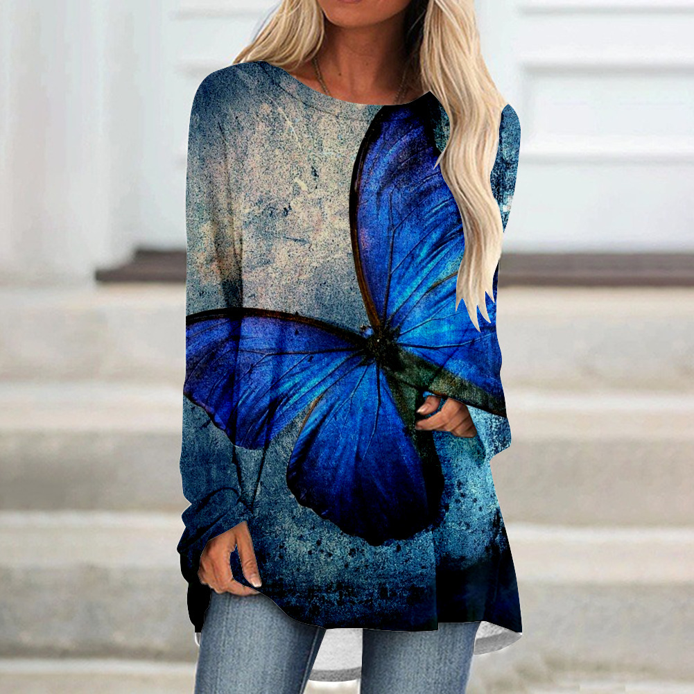 2021欧美女装 独立站 春秋季新款圆领长袖自然风景印花上衣t桖