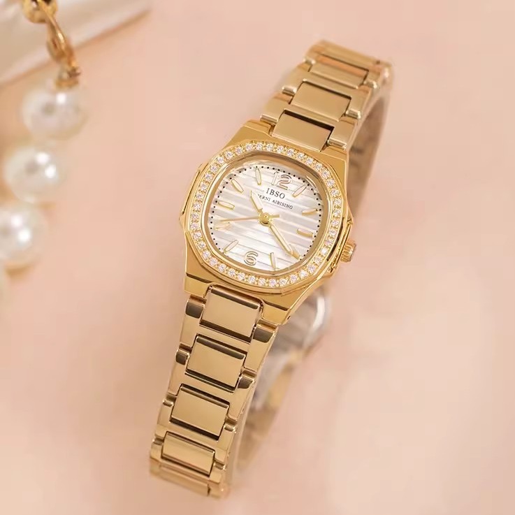 ibso/爱彼思诺时尚新款方形镶钻石英女士钢带手表抖音直播同款