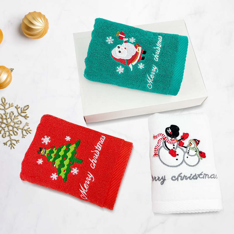 Cotton Christmas Towel Wholesale Foreign Trade Gift Embroidery Towel Custom Absorbent Cross-Border Christmas Bathroom Hand Towel