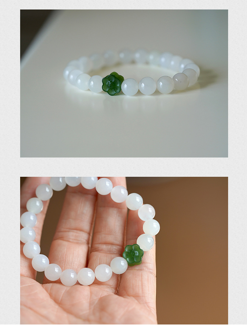 和田白玉珠串8mm单圈白玉手串diy女款碧玉云纹小花手链小清新