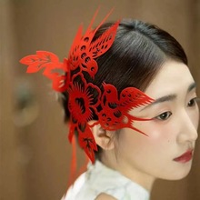 中式秀禾红色毛毡喜鹊花朵头饰发簪新娘国风旗袍晨袍头饰