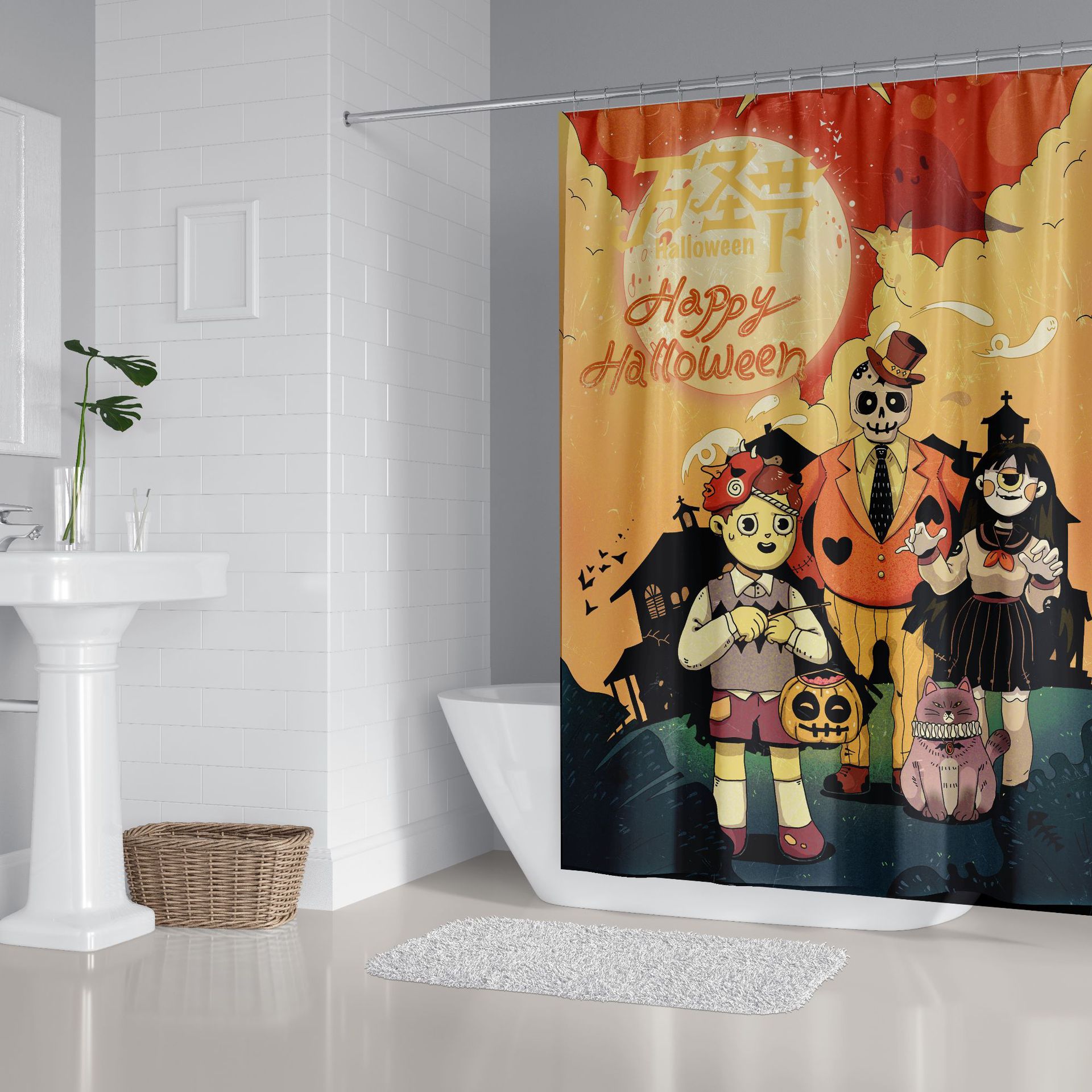 Factory Direct Sales New Halloween Amazon E-Commerce 3D Digital Printing Waterproof Shower Curtain