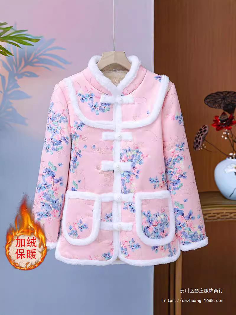 冬季麂皮绒保暖花棉袄女加绒加厚保暖棉衣民族风东北大花棉服