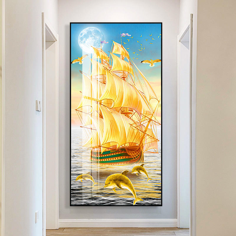 一帆风顺走廊过道玄关画 竖版新中式晶瓷装饰画 客厅入户轻奢挂画