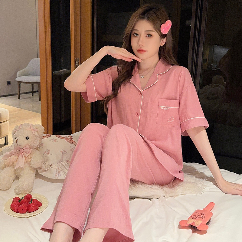 Women's Pajamas New Spring and Summer Solid Color High-Grade Loose Comfortable Short-Sleeved Shorts Casual Home Wear Three-Piece Suit