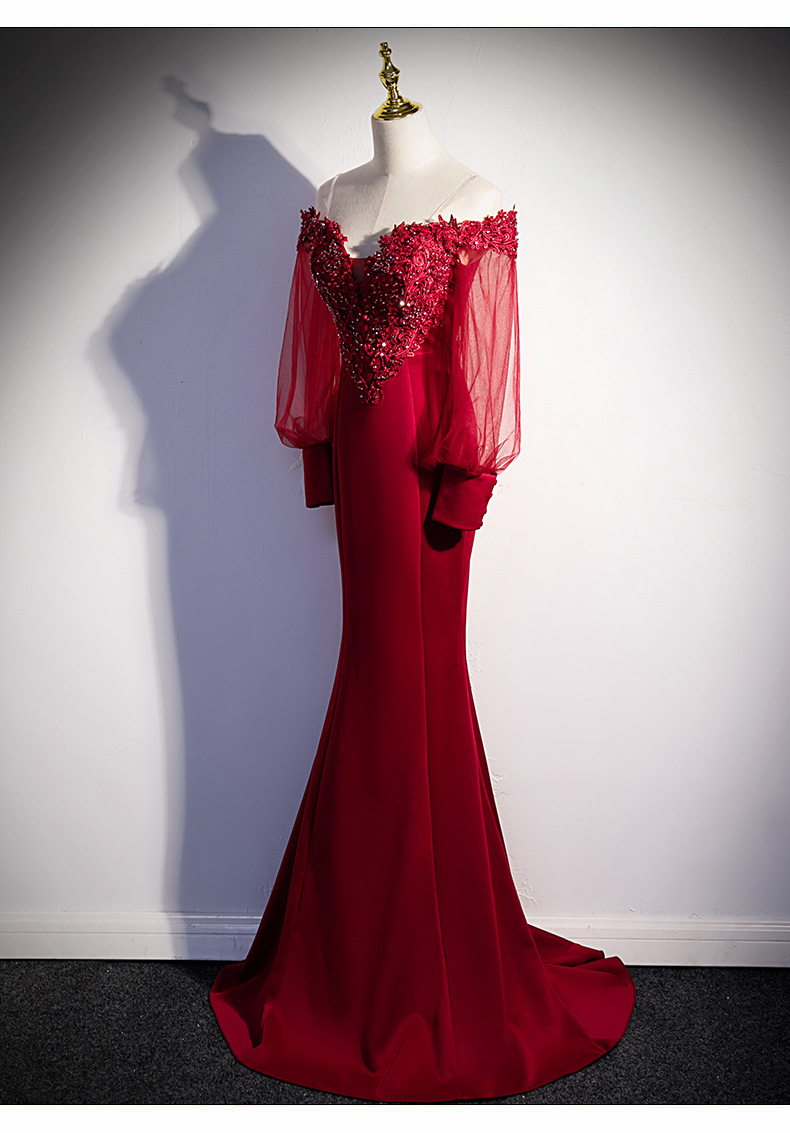 18612酒红色晚礼服敬酒服裙新娘2021新款法式气质网纱袖鱼尾长裙