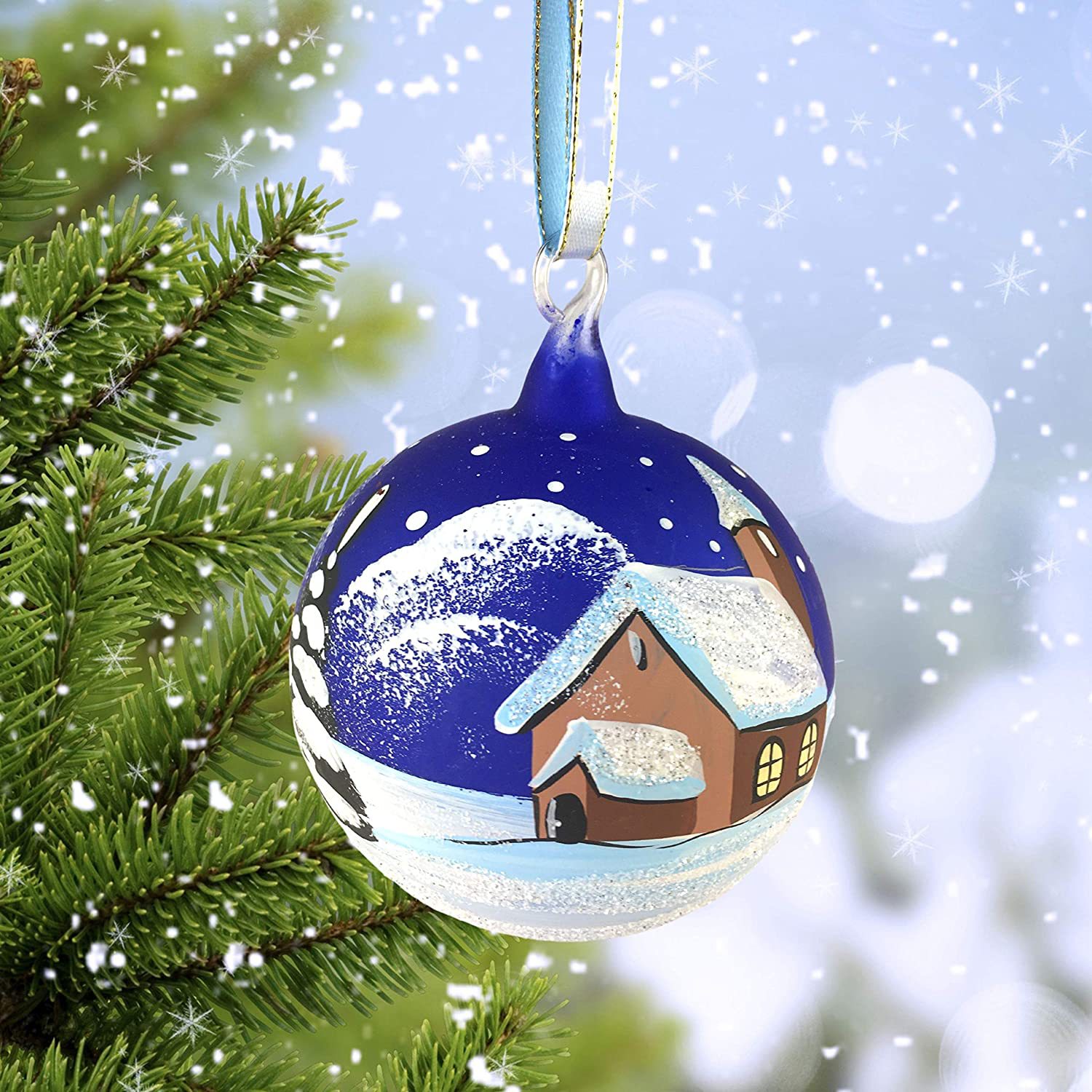 圣诞树球饰品 手工画复古教堂玻璃球装饰