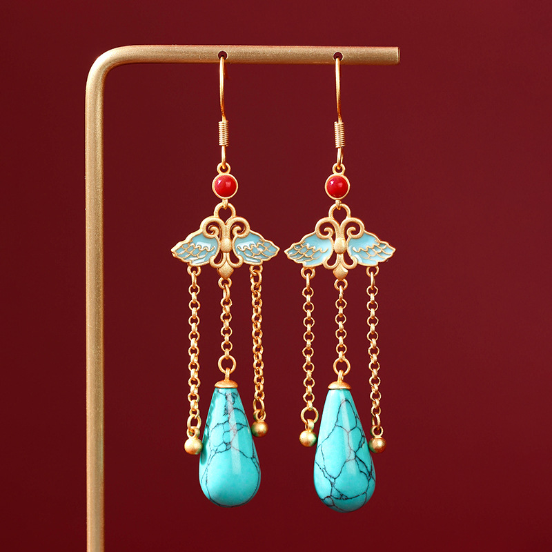 中国风新款耳饰古法镀金镶嵌仿绿松石耳坠高级感轻奢流苏古风耳环